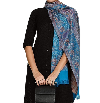 "Blue Self-Designed Reversible Cashmere Shawl – Luxurious Softness & Elegant Versatility"