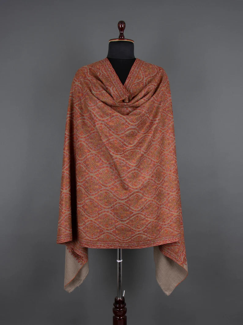 Handmade Jamavar Cashmere Shawl, All Over Sozni Needlework Hand Embroidery, Artisan Crafted, Luxurious and Warm, Gifts For Her, 40x80"