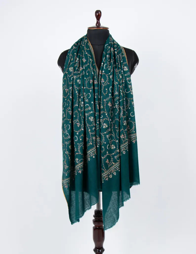 Kashmiri sozni pure pashmina green embroided unisex shawl