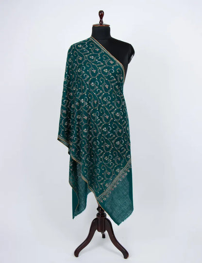 Kashmiri sozni pure pashmina green embroided unisex shawl