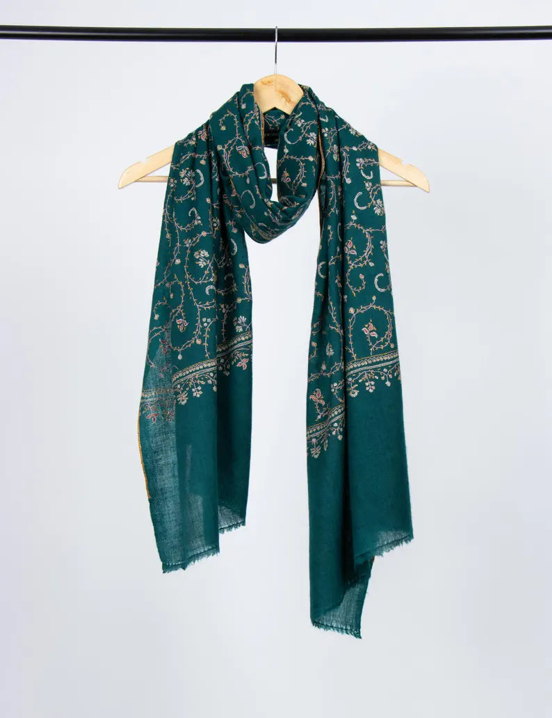 Kashmiri sozni pure pashmina green embroided unisex shawl