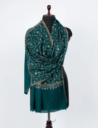 Kashmiri sozni pure pashmina green embroided unisex shawl