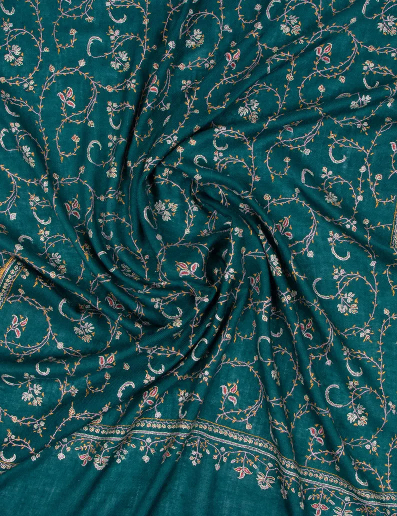 Kashmiri sozni pure pashmina green embroided unisex shawl